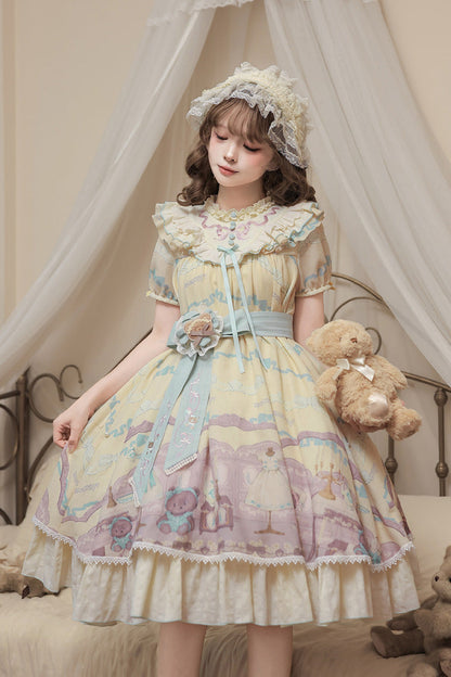 Sunny Short-Sleeve Bear Printed Ruffled Bow Dress Ensemble