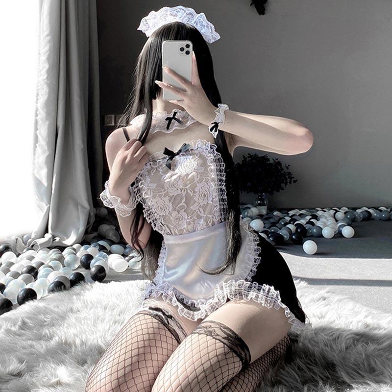 Robe de lingerie sexy noire kawaii pour femme de chambre