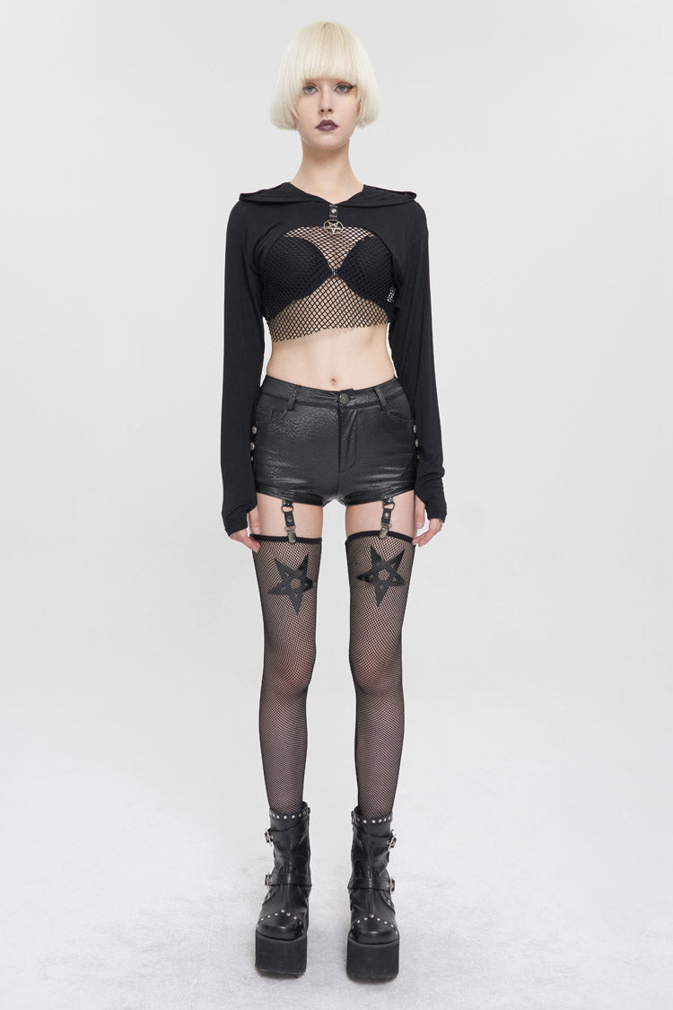 Pentagram Punk Shorts with Stockings in Black Faux Leather for Women