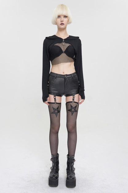 Pentagram Punk Shorts with Stockings in Black Faux Leather for Women