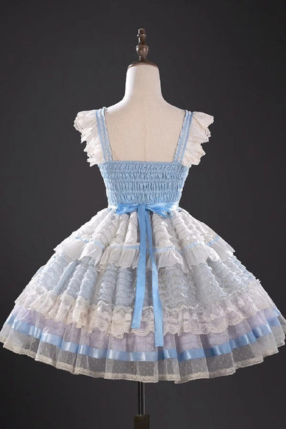 Sleeveless Embroidered Lace Dress with Fishbone Ruffle and Bow