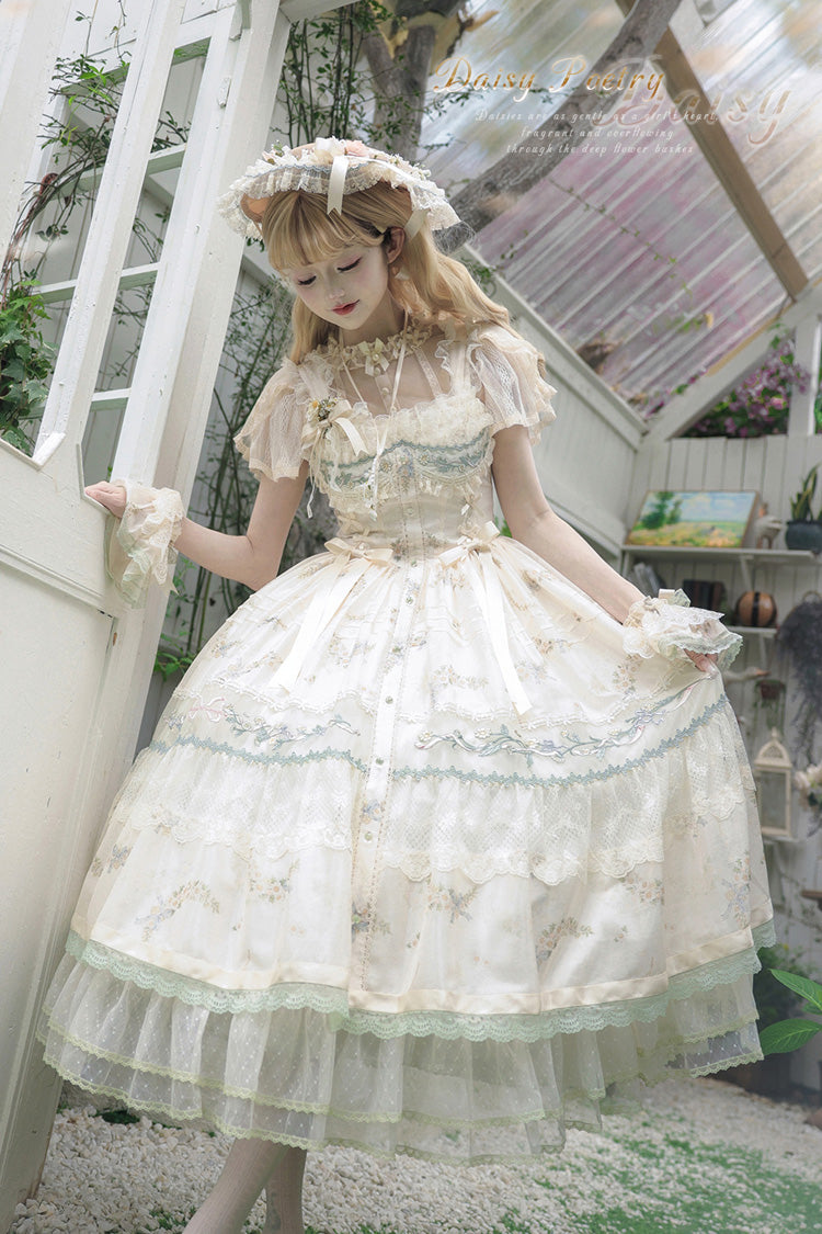 Multicolor Daisy Poetry Print Ruffle Lace JSK Dress