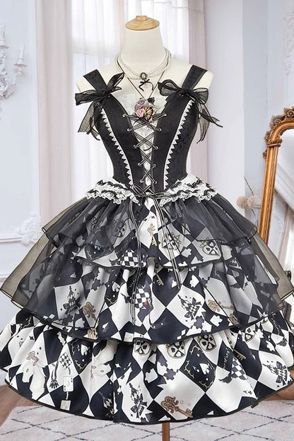 Black White Board Games Triple-Layer Print Ruffle Vintage Lolita Skirt