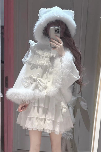 Multi-Layered Ruffled Bow Skirt Set - White Snow Season Love Letter