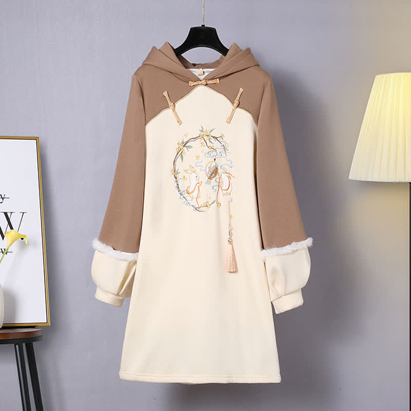 Vintage Bunny Tassel Plush Hooded Sweatshirt Dress