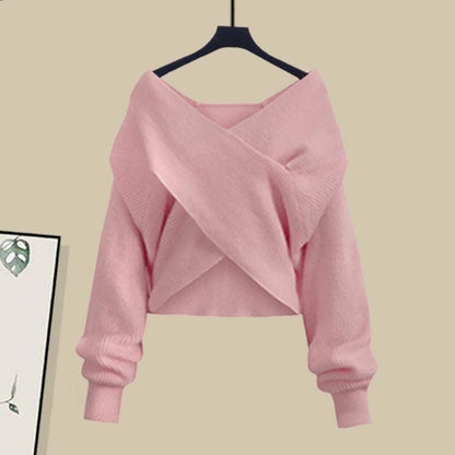 Knit Sweater Set Sweet Shirt Irregular Skirt Lapel Cross