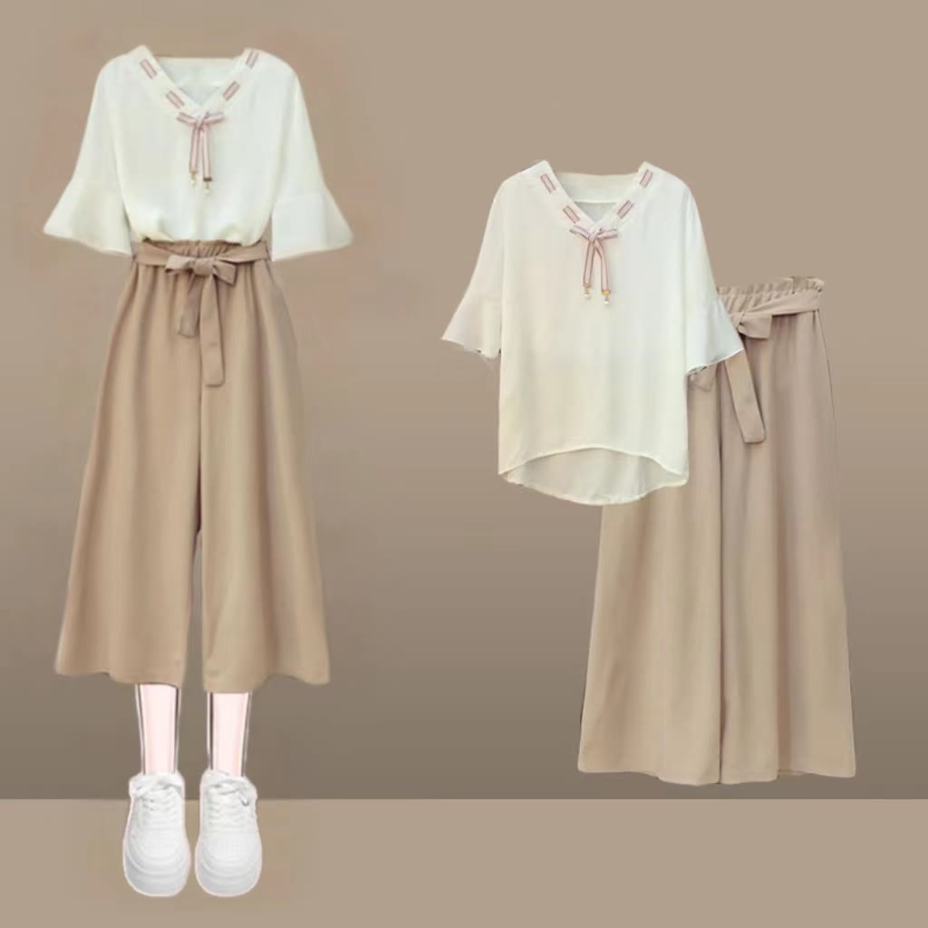 Elegantes Chiffon-T-Shirt mit Schleife und weitem Bein