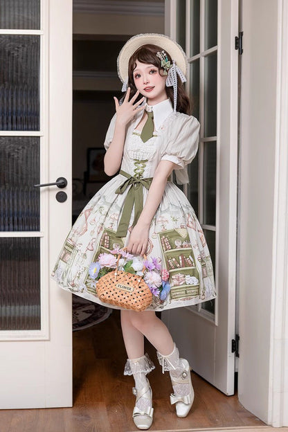 Multi-Color Short Sleeves Book House Print Bow Sweet Princess Lolita Dress