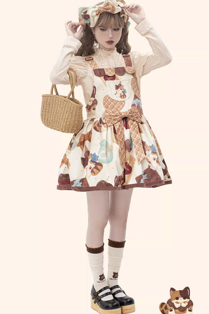 Multicolor Sleeveless Muffin Kitten Print Bow-Trim Sweet Lolita Strap Dress
