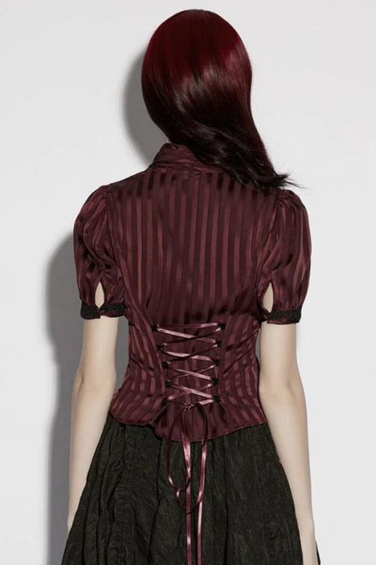 Crimson V-Neck Short Puff Sleeve Lace-Up Striped Goth Top