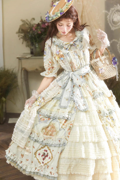 Rose-Embellished Layered Ruffled Lolita Skirt in Three Tones