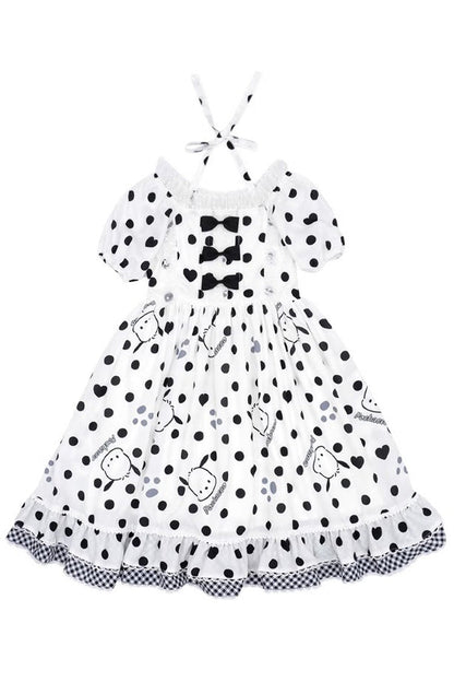 White Black Short Sleeves Pacha Dog Polka Dot Ruffle Bow Sweet Lolita Dress