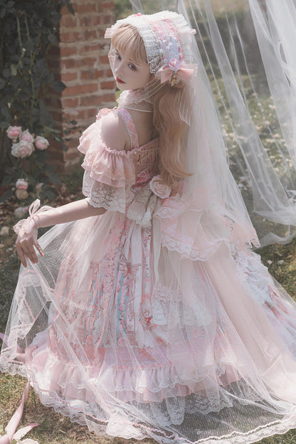 Rose Moonlight Melody Off Shoulder Sleeveless Layered Bride Open Front Bow Lace Gorgeous JSK Set