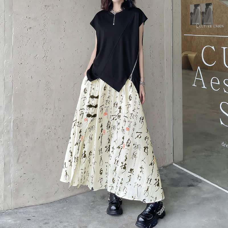 Elegant Character Print Buckle Split Skirt