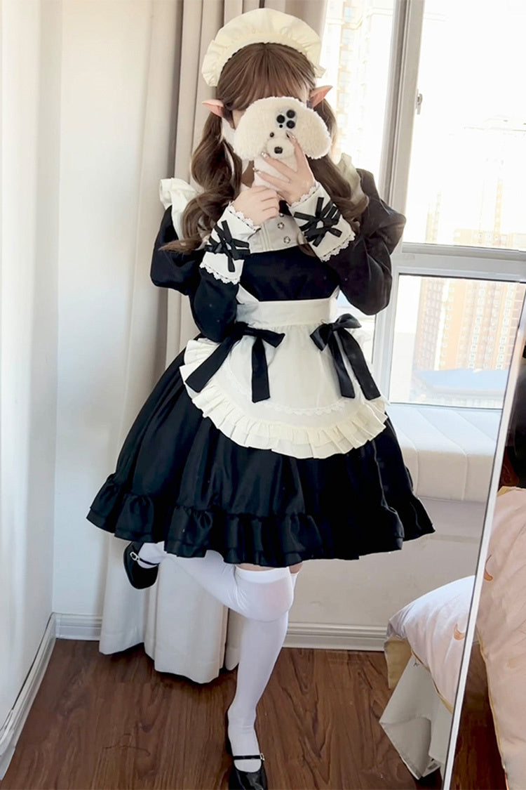 Black White Maid Long Sleeve Ruffle Bow Sweet Plus Size Lolita Dress Full Set