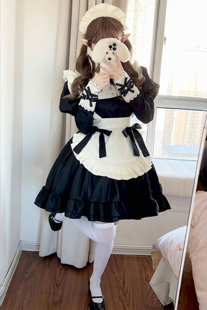 Black White Maid Long Sleeve Ruffle Bow Sweet Plus Size Lolita Dress Full Set