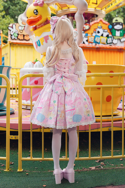 Rose Macarons Dolly House Square Neck Sleeveless Print Bow Sweet Lolita JSK Dress