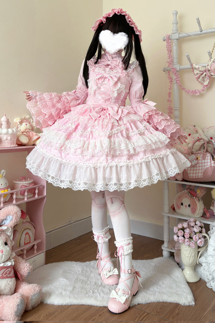 Rose Sleeveless Multi-Tier Ruffle Bow Lace Pearl Sweet Lolita Jumper - Love and Heart Flutter