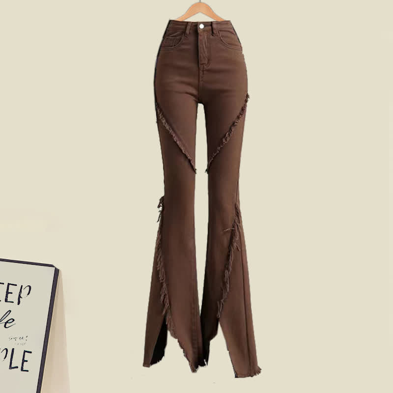 Hollow Set Denim Fringed Pants Split Floral T-Shirt