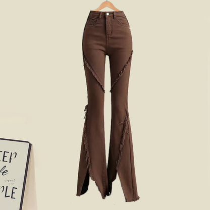 Hollow Set Denim Fringed Pants Split Floral T-Shirt