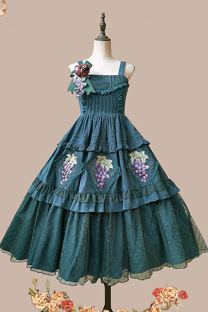 Emerald Sleeveless Floral Embroidery Sweet Lolita JSK - Vineyard
