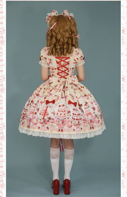 Strawberry Cake Print Yellow Sweet Bow Accents Lolita Dress / Full Set