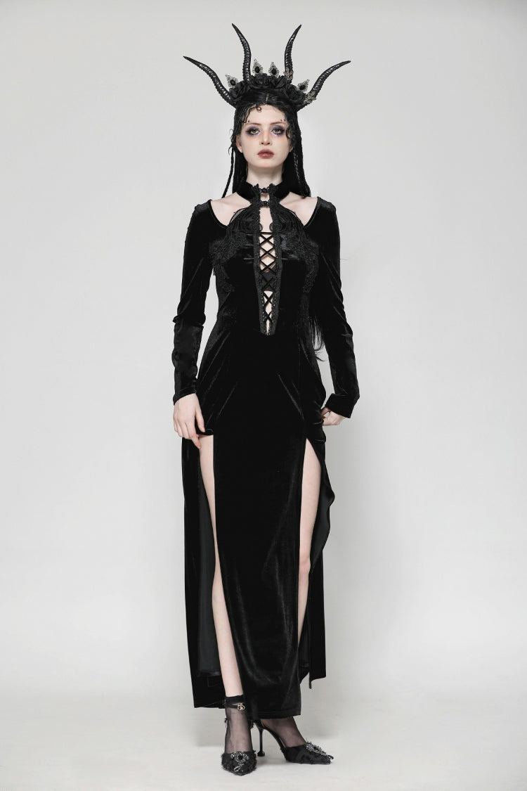 Long Sleeve Cut-Out Lace-Up Gothic Side Slit Velvet Party Wedding Dress