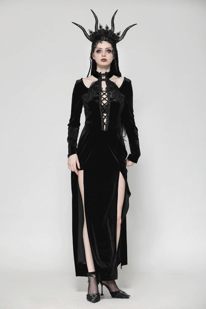 Long Sleeve Cut-Out Lace-Up Gothic Side Slit Velvet Party Wedding Dress