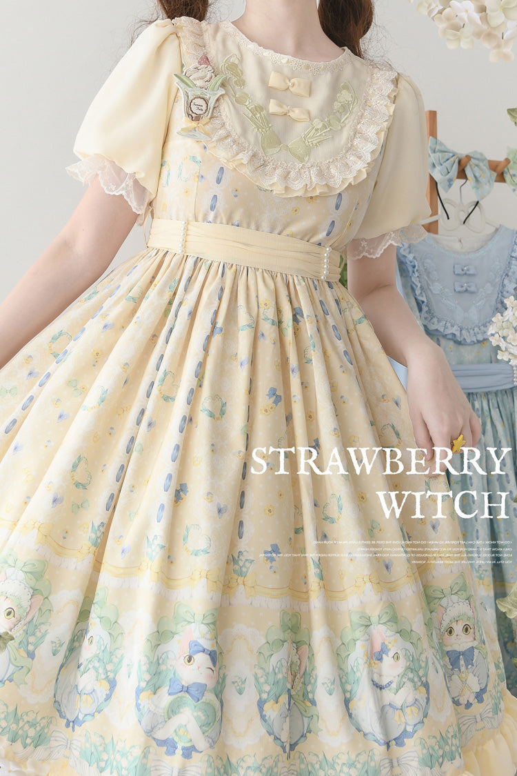 Lily of the Valley Cat Print Ruffle Embroidered Bowknot Sweet Lolita Dress in Beige