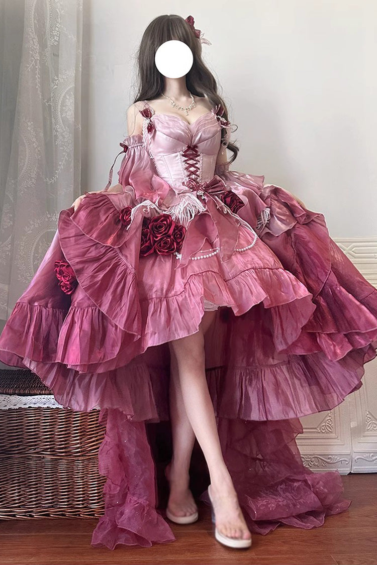 Plum Red Embroidery Lace-Up High-Low Sweet JSK Dress