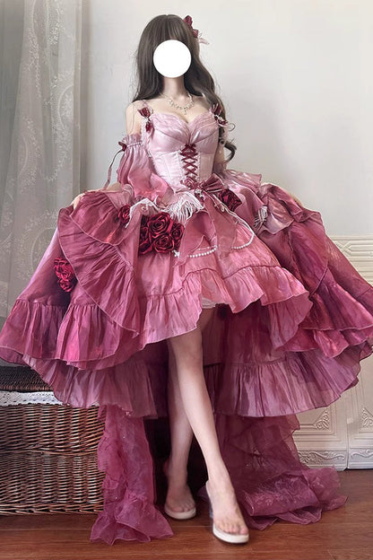 Plum Red Embroidery Lace-Up High-Low Sweet JSK Dress