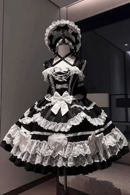 Black White Super Cute Belia Sleeveless Triple-Layered Ruffle Bowknot Lace Gothic Elegant Lolita Jsk Dress