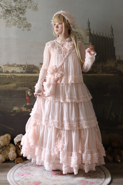 Sweet Stand Collar Long Sleeve Multi Layer Ruffle Color Block Lolita Tiered Dress 14 Colors