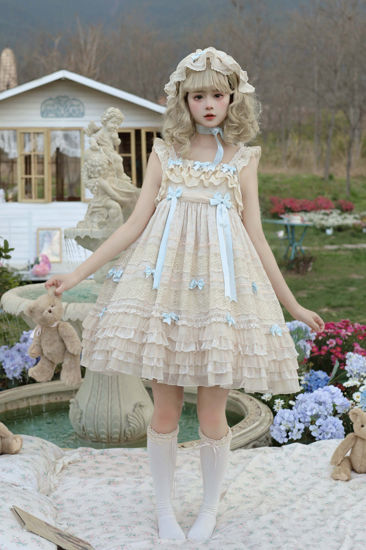 Little Wind Chime Sleeveless Multi-Layered Printed Ruffled Bow Lace Sweet Elegant Princess Lolita JSK Dress in Beige