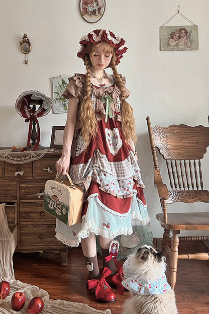 Cherry Pattern Short-Sleeved Ruffled Embroidered Layered Dress