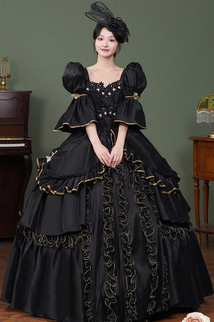 Square Collar Gothic Victorian Dress with Half Trumpet Sleeves and Ruffled Open-Front
