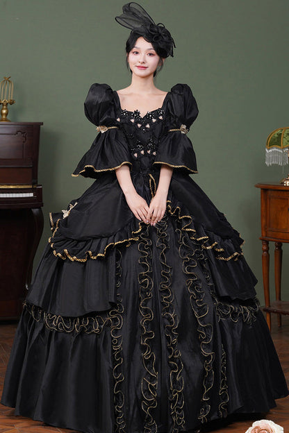 Square Collar Gothic Victorian Dress with Half Trumpet Sleeves and Ruffled Open-Front
