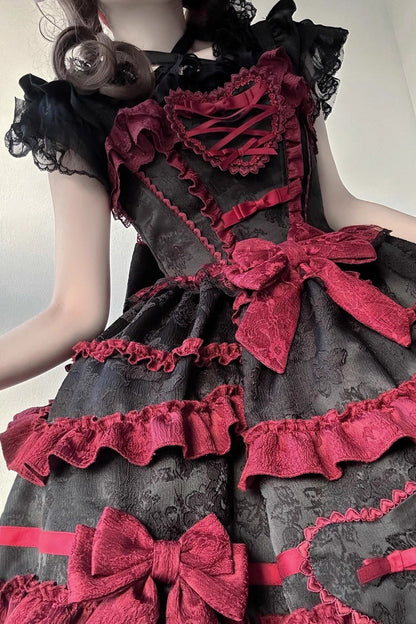 Elegant Gothic JSK Dress with Triple Ruffles and Bow - Noir