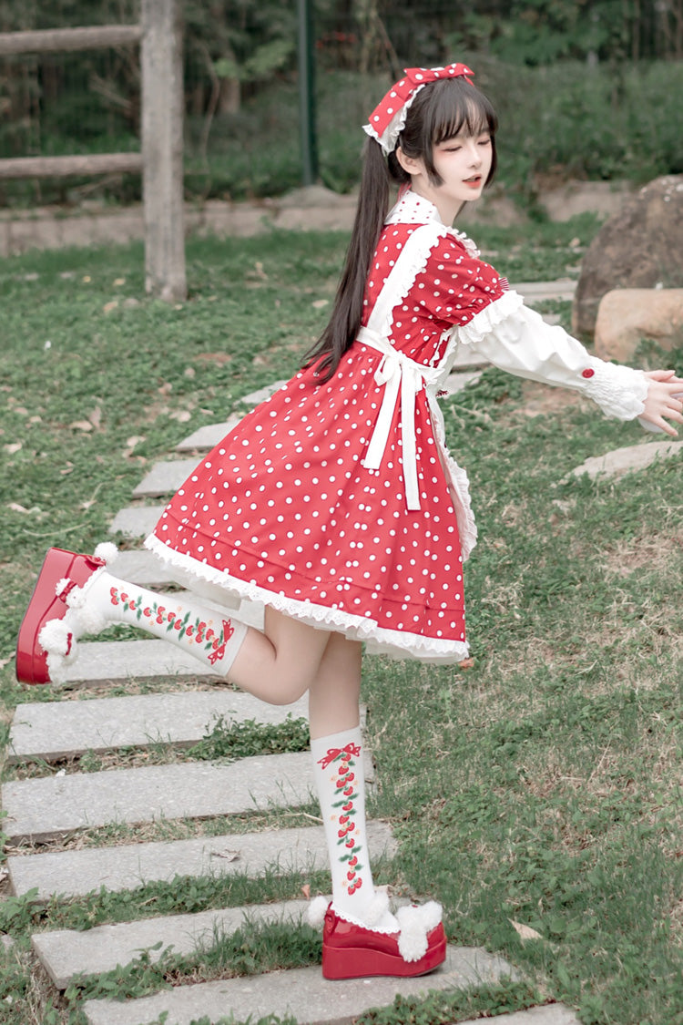 Red and White Doll-Collar Short-Sleeved Mushroom Princess Printed Polka Dot Ruffled Sweet Lolita Dress