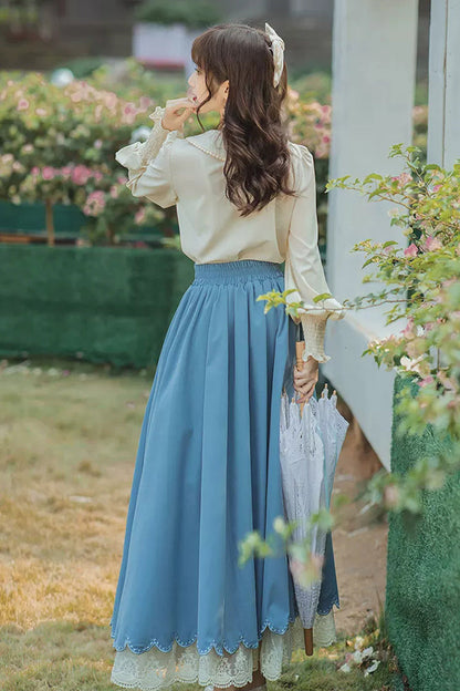 Blue Lapel Collar Long Sleeves High Waist Lace-Up Wave Hem Classic Lolita Two-Piece Set
