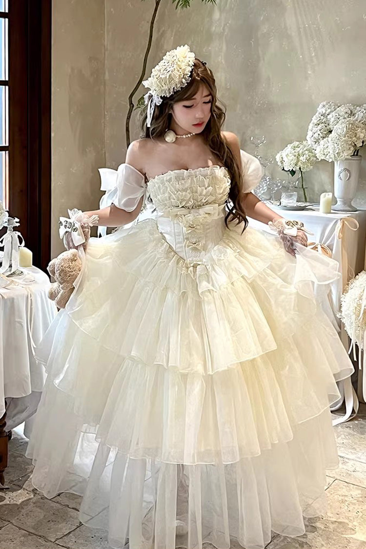 Off White Mousse Love Song Sleeveless Multi Layer Ruffle Hanayome Bow Sweet Lolita Dress