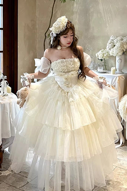 Off White Mousse Love Song Sleeveless Multi Layer Ruffle Hanayome Bow Sweet Lolita Dress
