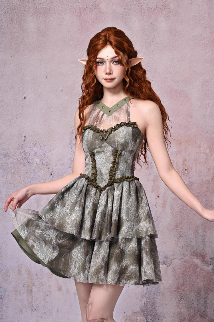 Light Green Halterneck Double-Layer Print Ruffle Lace Tie-Dye Vintage JSK Dress