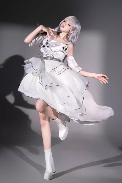 Asymmetric Futuristic Punk Jumper Dress Set - White Silver Wings