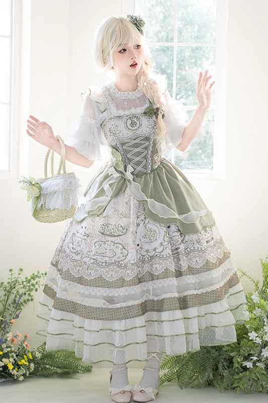 Emerald Asymmetric Lace Bow Lolita JSK - Teacup Rabbit