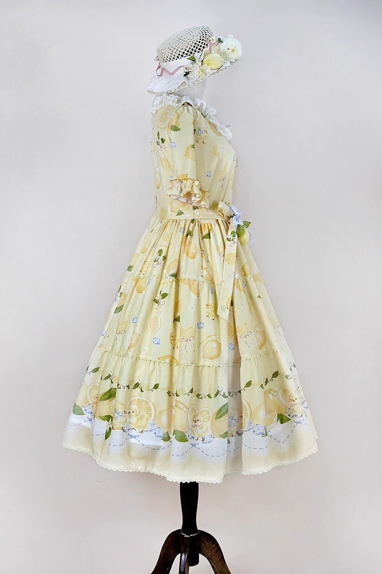 Lemon Chicken Short Sleeve Print Ruffle Bow Lace Daily Sweet Lolita Gown in Yellow
