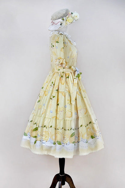 Lemon Chicken Short Sleeve Print Ruffle Bow Lace Daily Sweet Lolita Gown in Yellow