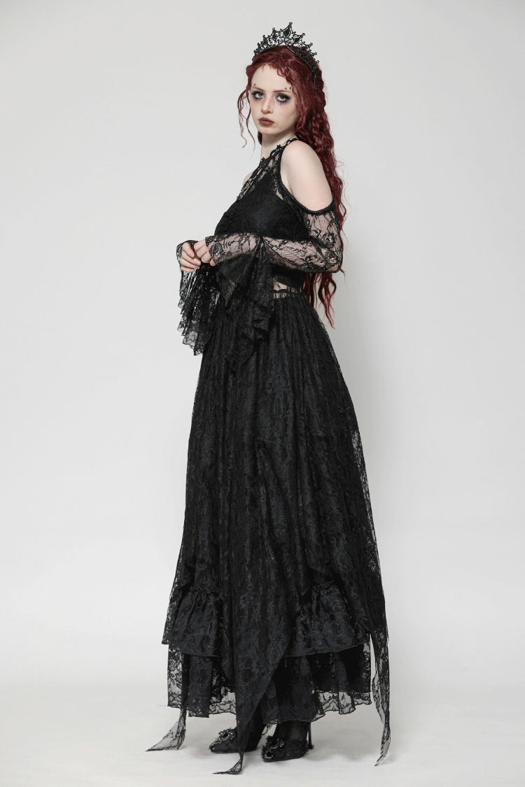 Off Shoulder Long Sleeve Gothic Irregular Lace Wedding Dress