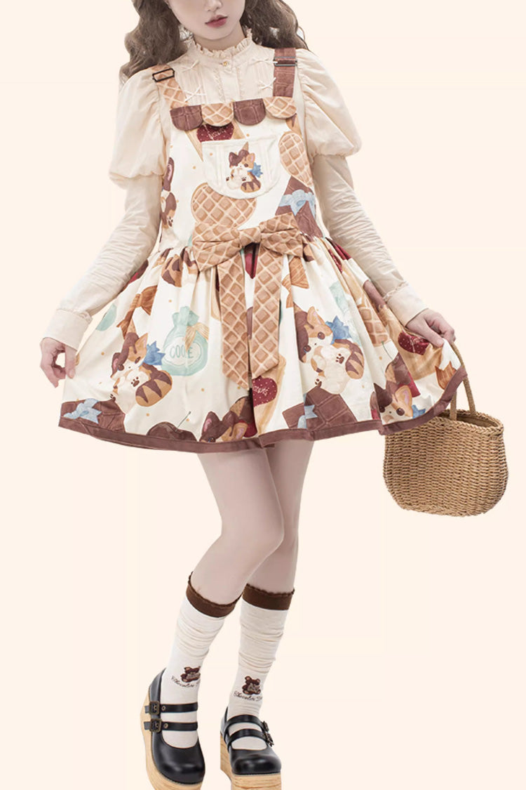 Multicolor Sleeveless Muffin Kitten Print Bow-Trim Sweet Lolita Strap Dress