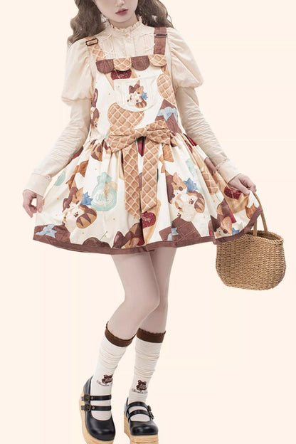 Multicolor Sleeveless Muffin Kitten Print Bow-Trim Sweet Lolita Strap Dress